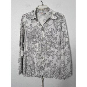 Cali Girls Button-Up Blouse Size XS Drawstring Hem White & Black Roll Tab Sleeve